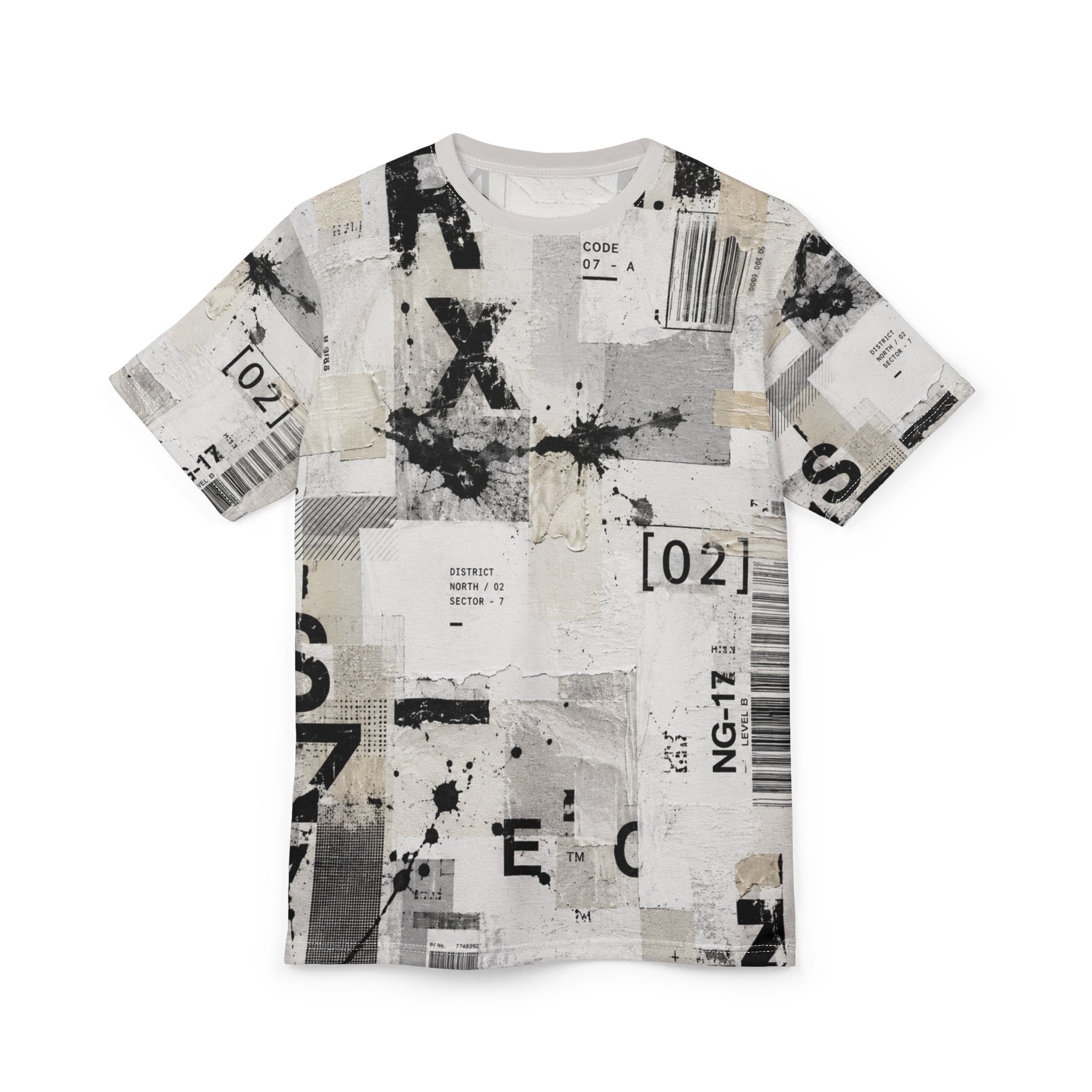 All-Over Print Grunge Collage Tee — Barcode & Typography Distressed Design