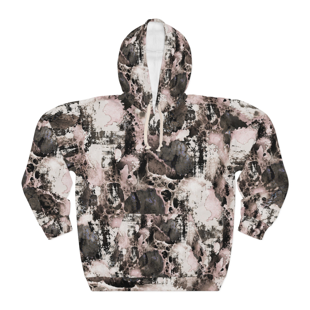 Abstract Marble Tie-Dye Hoodie – Pink & Charcoal All-Over Print