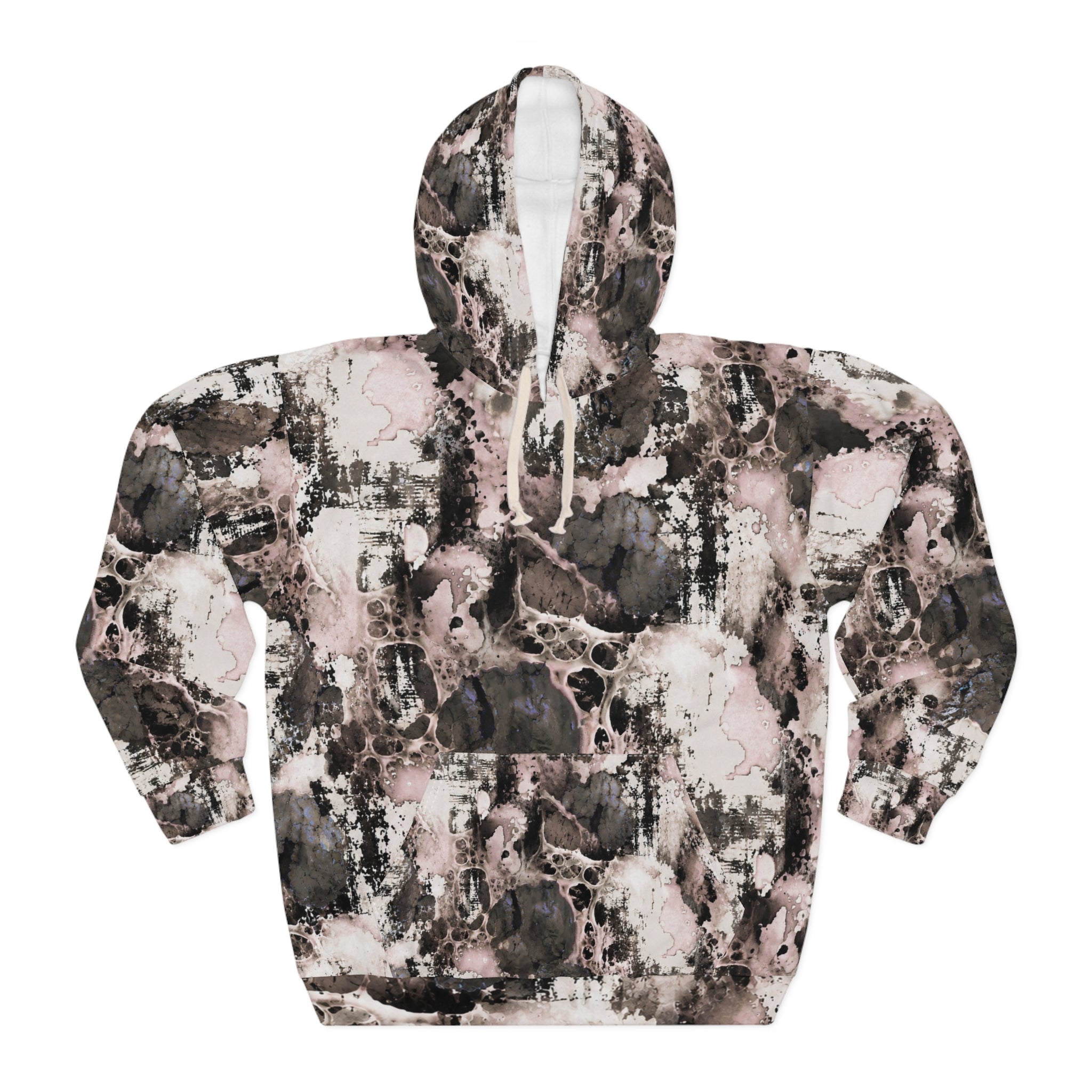 Abstract Marble Tie-Dye Hoodie – Pink & Charcoal All-Over Print