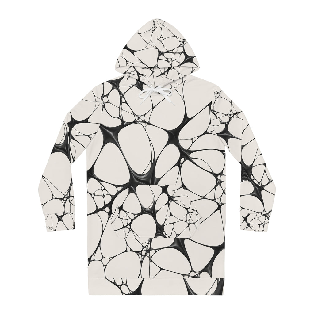 Marbled Abstract Hoodie Dress — Black & White All-Over Print