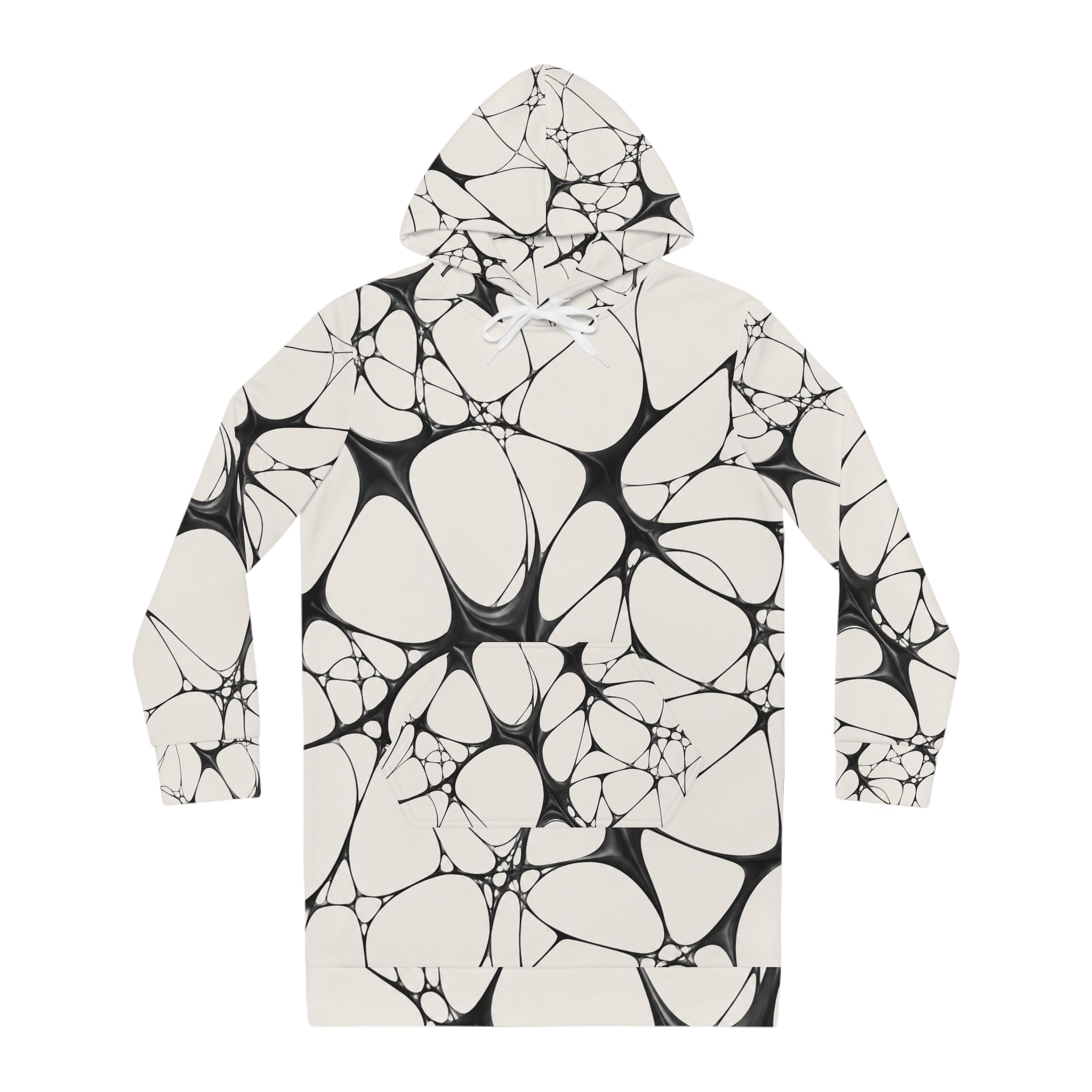 Marbled Abstract Hoodie Dress — Black & White All-Over Print