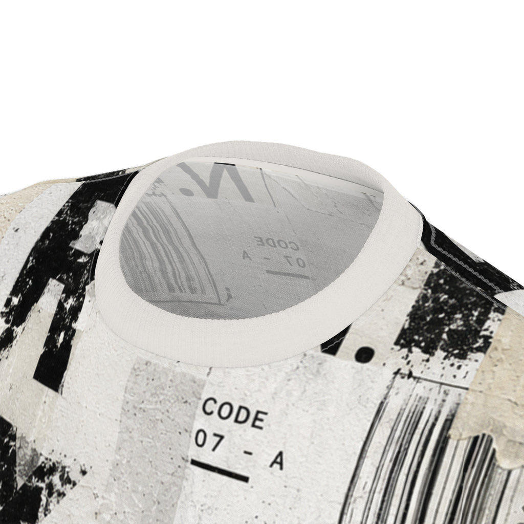 All-Over Print Grunge Collage Tee — Barcode & Typography Distressed Design