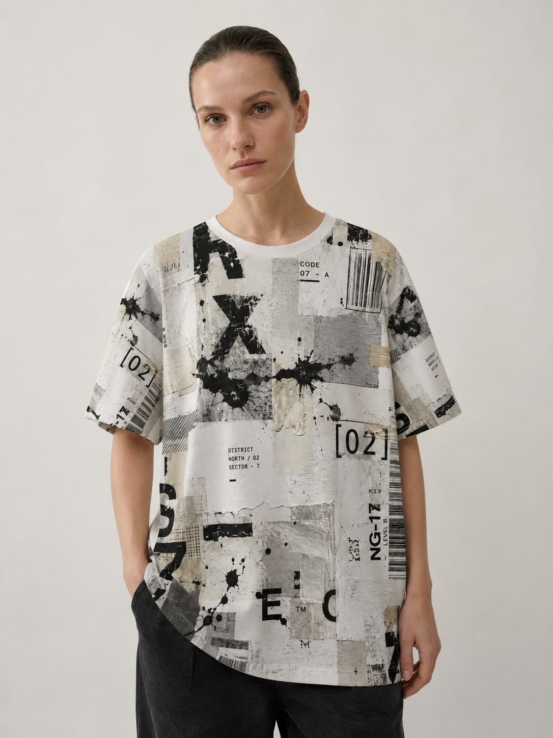 All-Over Print Grunge Collage Tee — Barcode & Typography Distressed Design