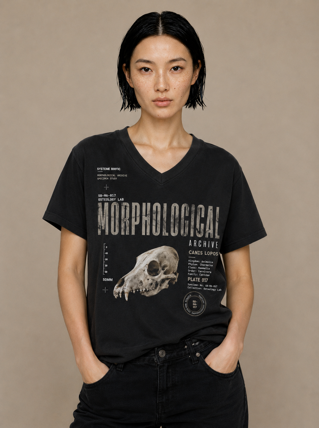 Morphological Skull Illustration Tee | Anatomical Graphic V-Neck Shirt
