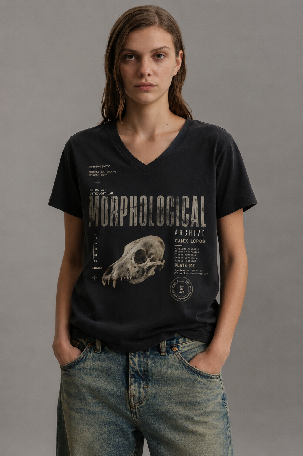 Morphological Skull Illustration Tee | Anatomical Graphic V-Neck Shirt