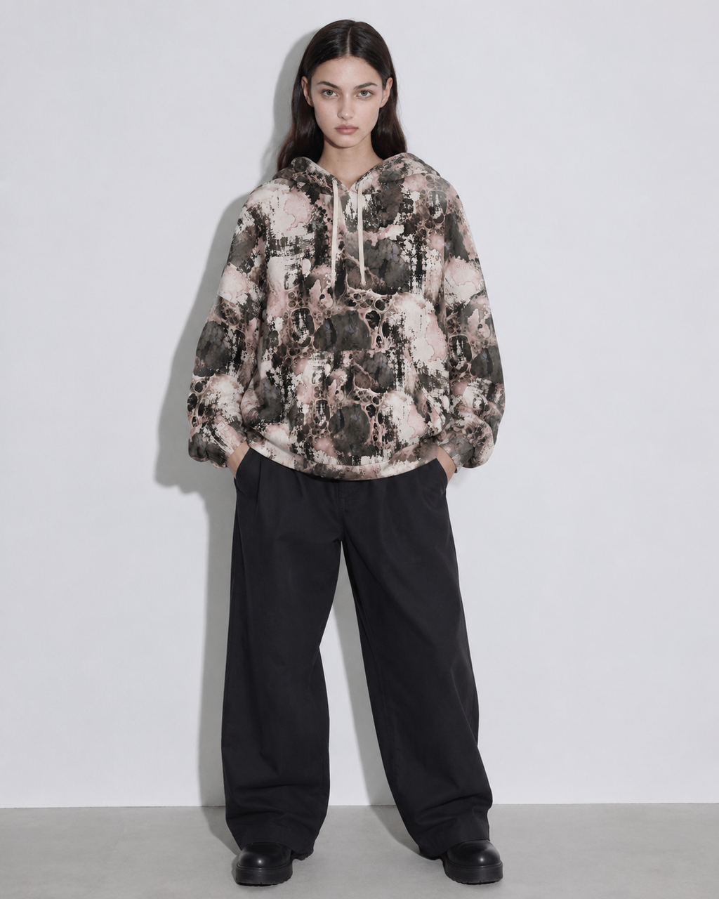 Abstract Marble Tie-Dye Hoodie – Pink & Charcoal All-Over Print