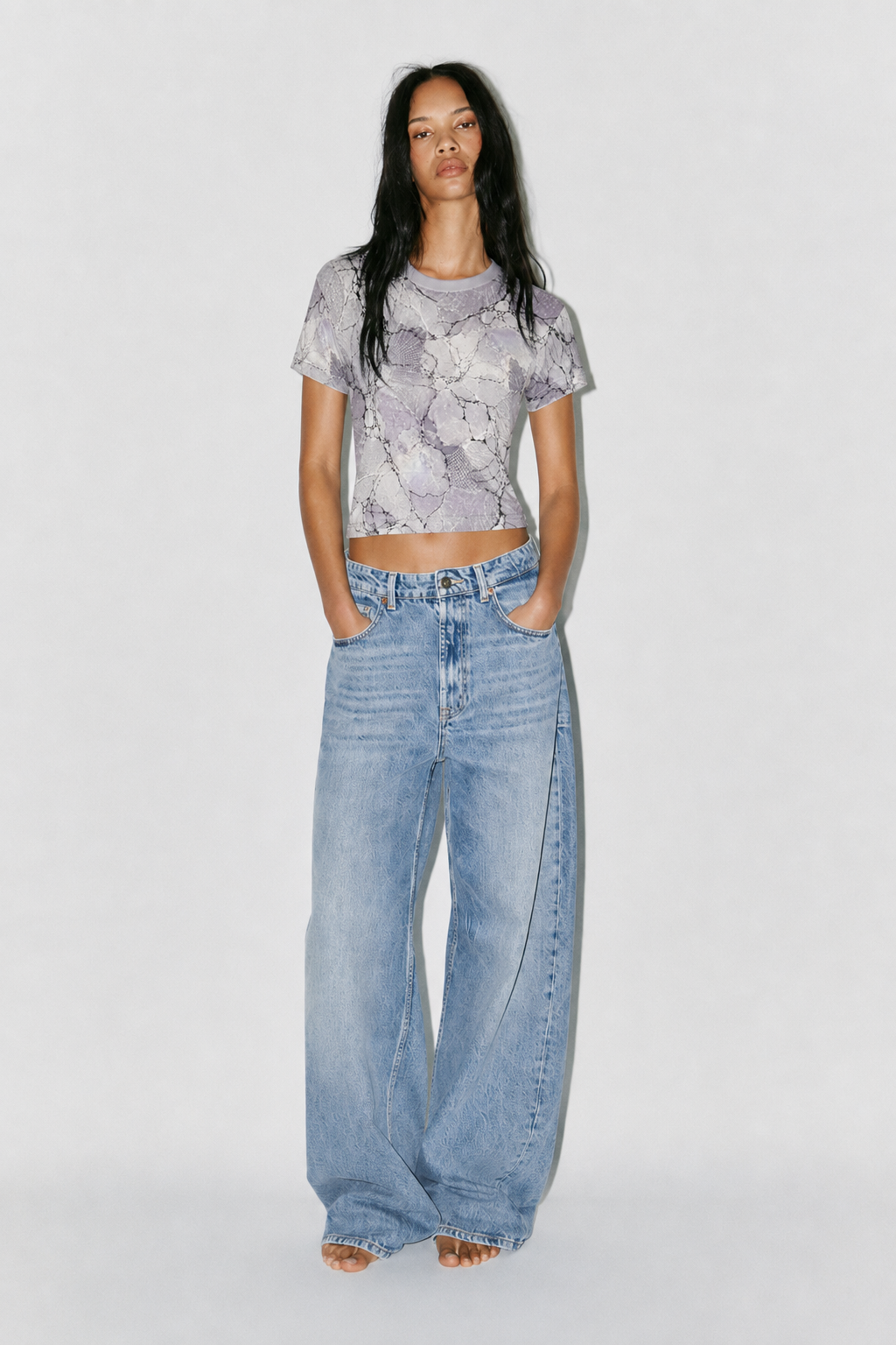 Marble Lavender Crop Tee — Abstract Pastel All-Over Print