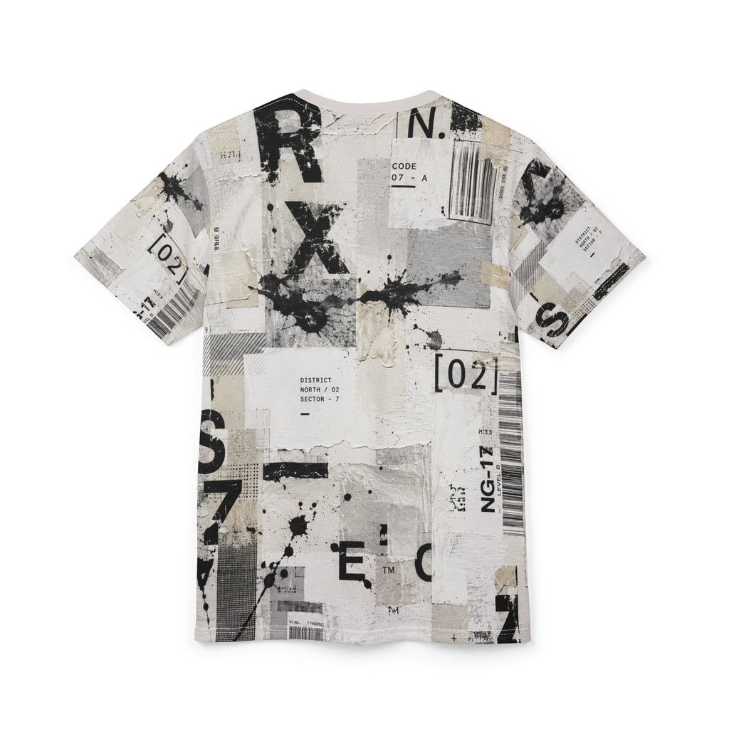 All-Over Print Grunge Collage Tee — Barcode & Typography Distressed Design