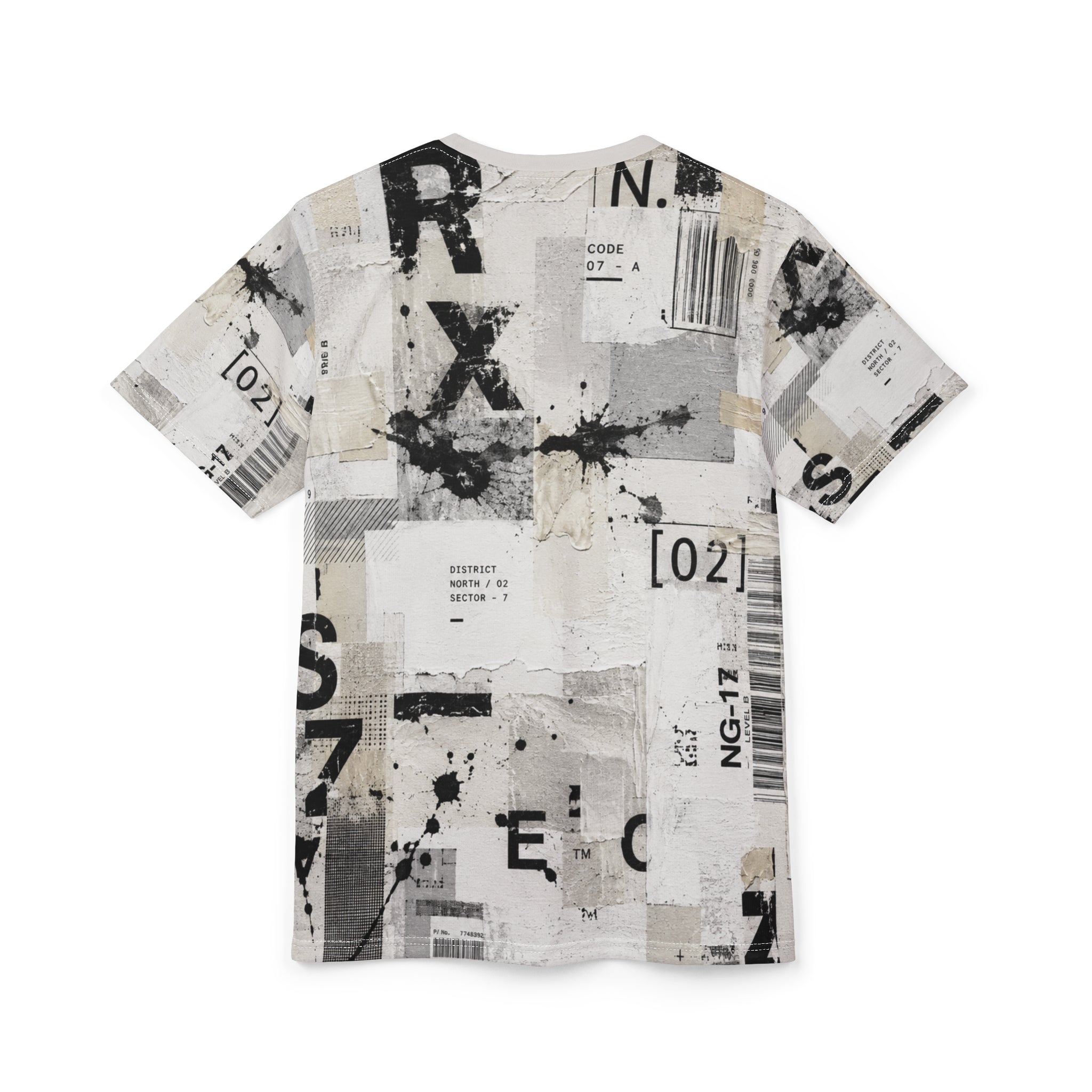 All-Over Print Grunge Collage Tee — Barcode & Typography Distressed Design