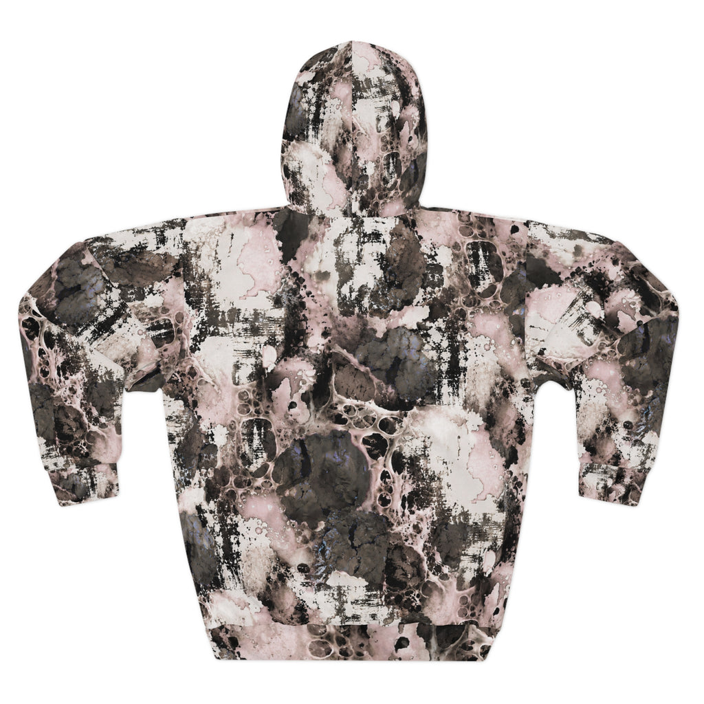 Abstract Marble Tie-Dye Hoodie – Pink & Charcoal All-Over Print