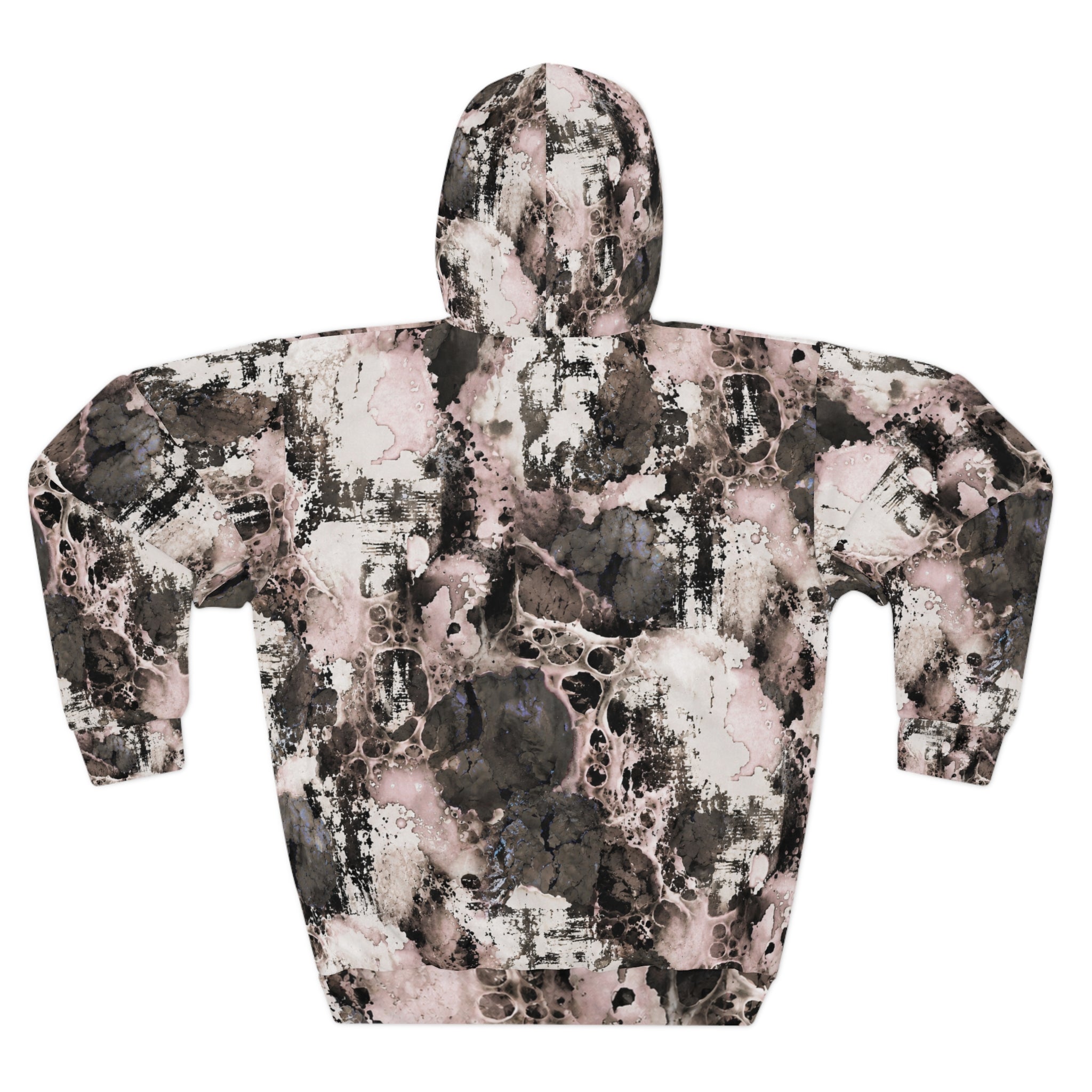 Abstract Marble Tie-Dye Hoodie – Pink & Charcoal All-Over Print