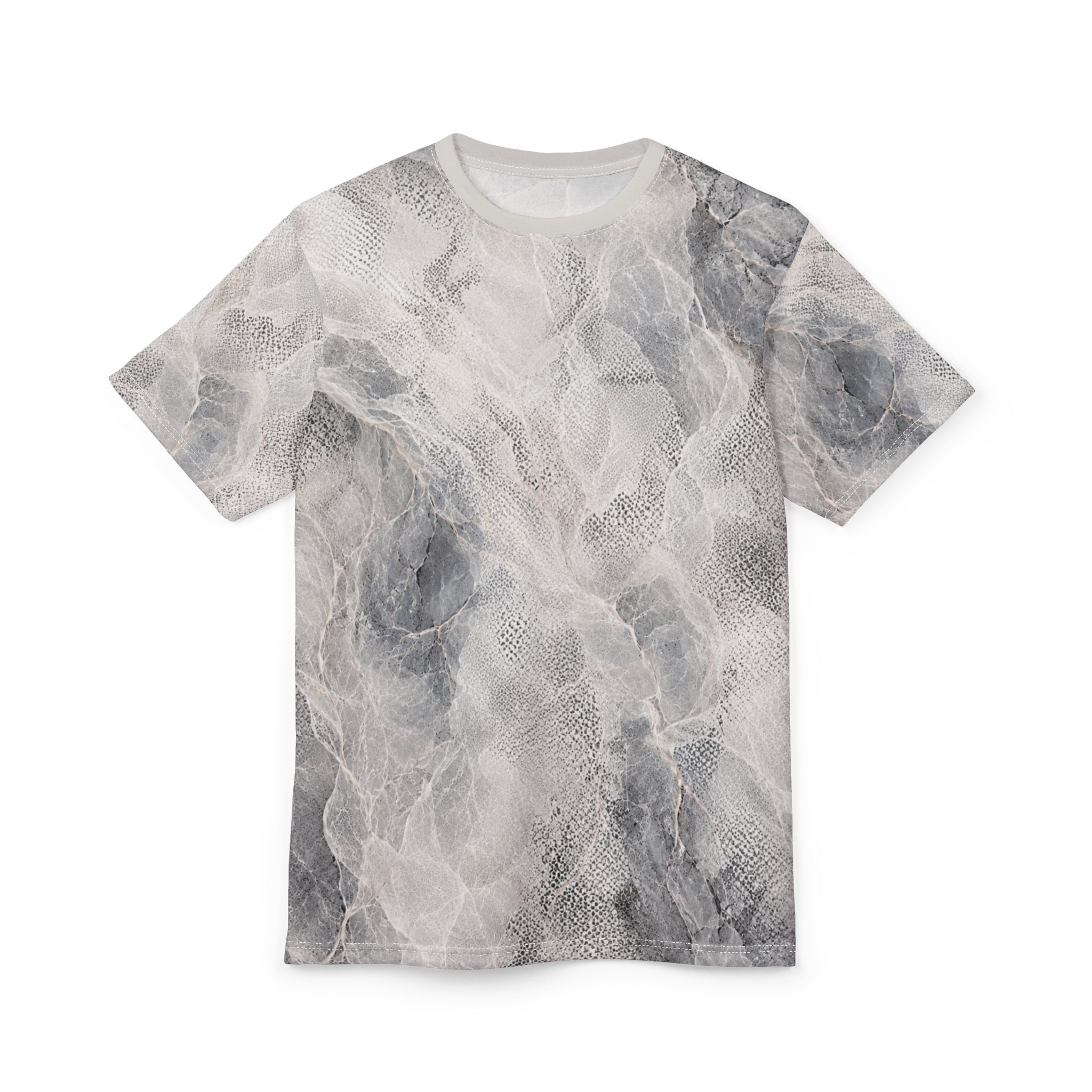 Marble Mist All-Over Print Tee — Subtle Gray Abstract Stone Pattern